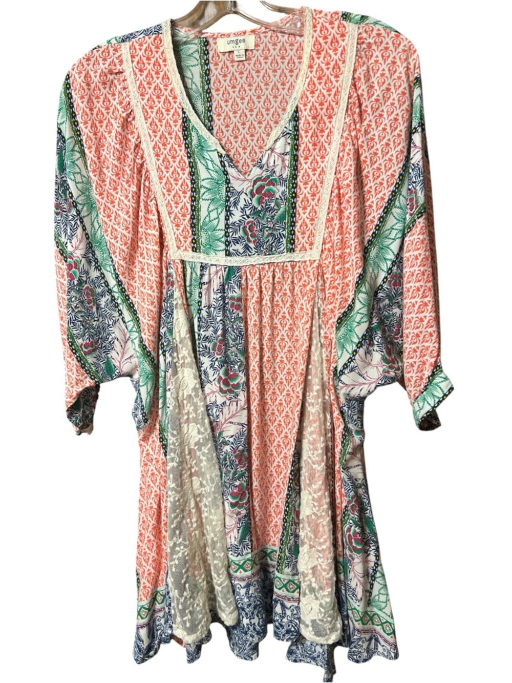 Umgee Boho Tunic Top/ Dress Mixed Print Lace Trim Size Large